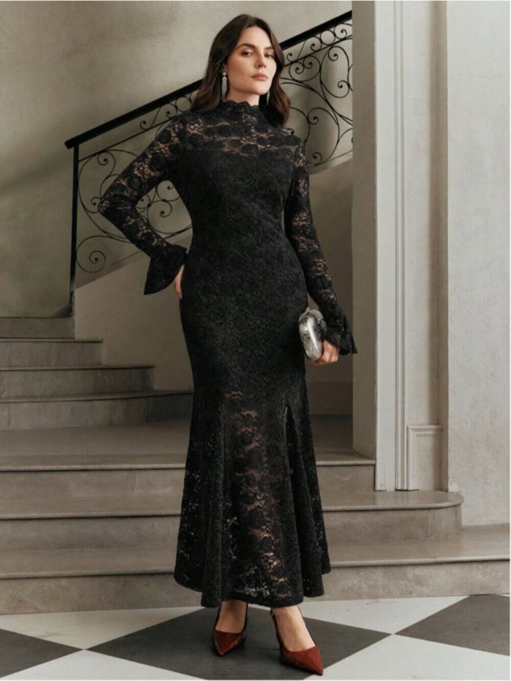 Black Floral Lace High Mock Neck Mermaid Maxi Dress Fluted Flare Bell Sleeves